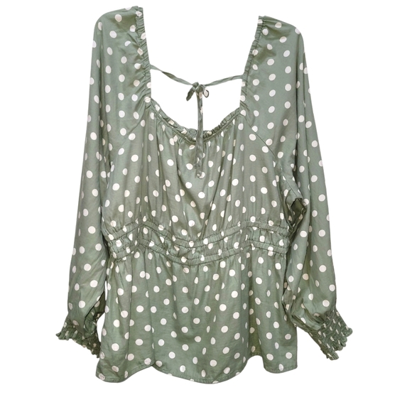 3X Ava & Viv Avocado Green Polka Dot Blouse with Smocked Adjustable Waist - Picture 4 of 6